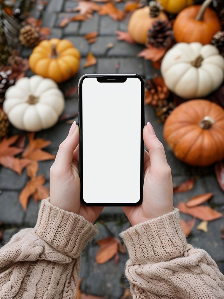 Cozy Autumn Hands Holding Smartphone with Pumpkins Background Art