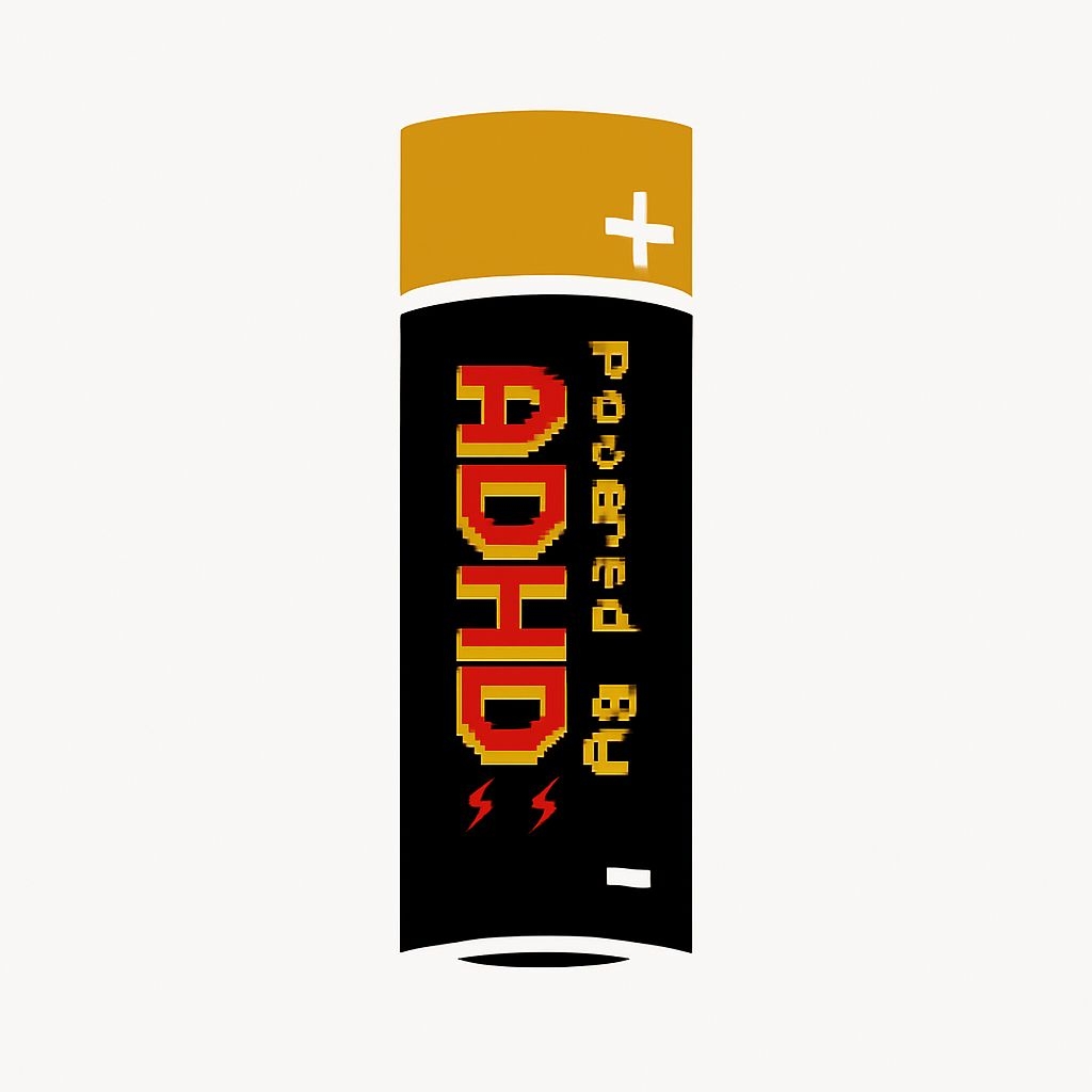 Modern ADHD Battery Illustration with Retro Video Game Style Sticker