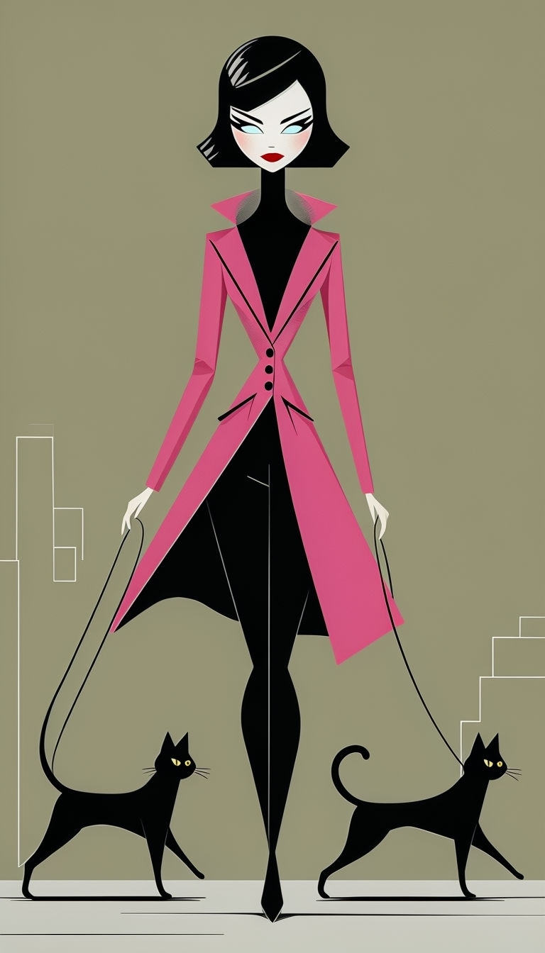 Whimsical Cat Walker Illustration with Stylish Woman and Cats Art