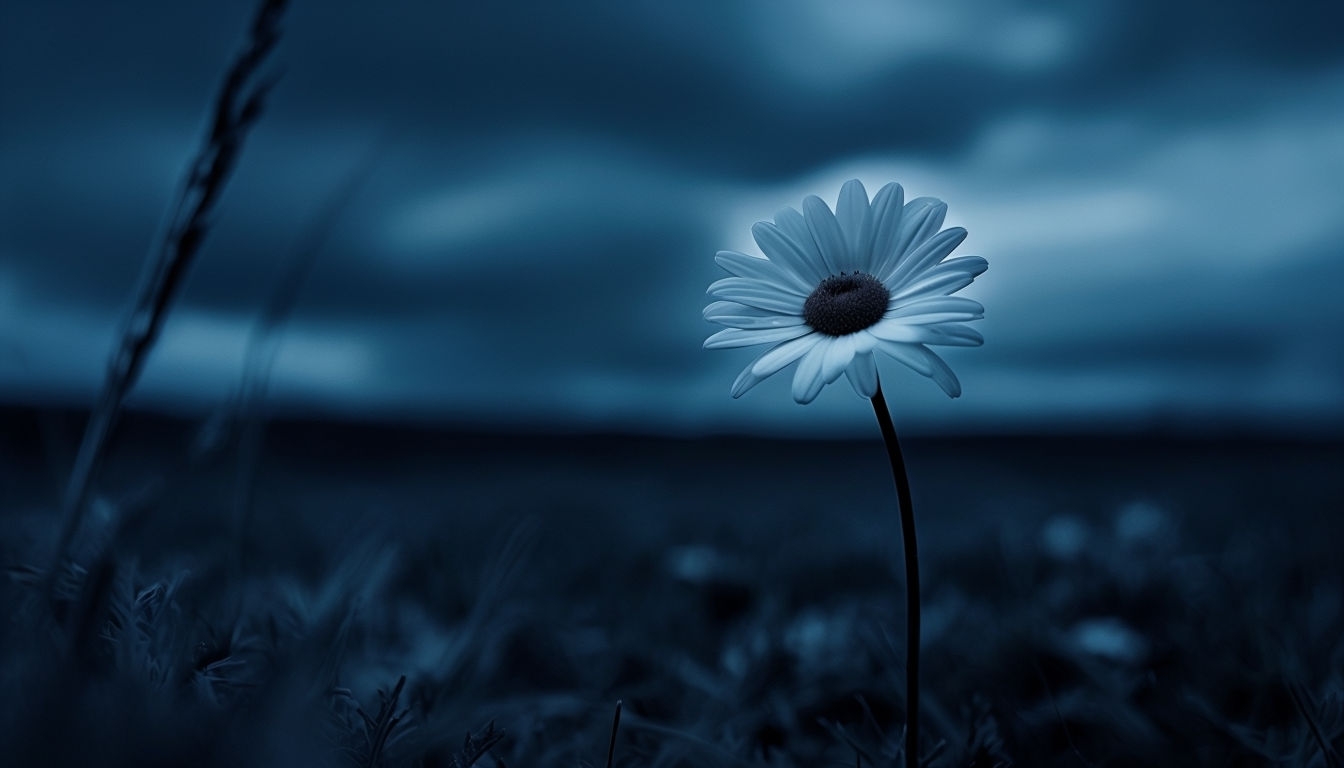 Lone White Daisy Flower Against Dark Blue Background Art