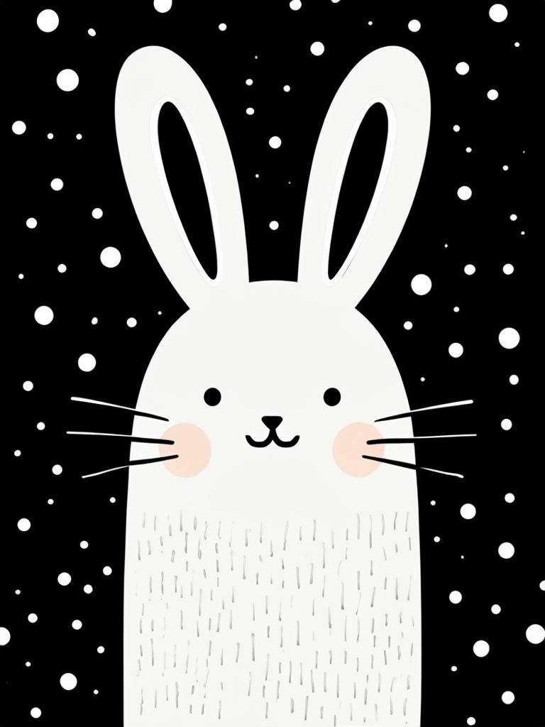 Minimalist White Bunny Illustration on Black Background Art