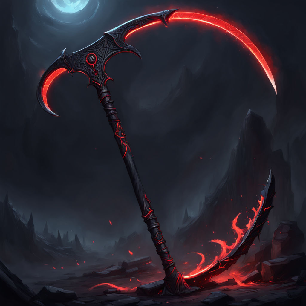 A black curved scythe with glowing red runes by huerc huerc - Playground