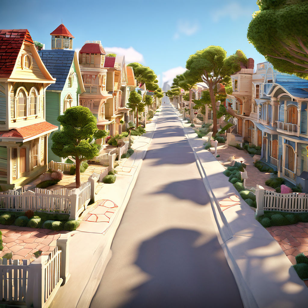 A 3D render of a neighborhood street in the style of Disney by Nathi ...