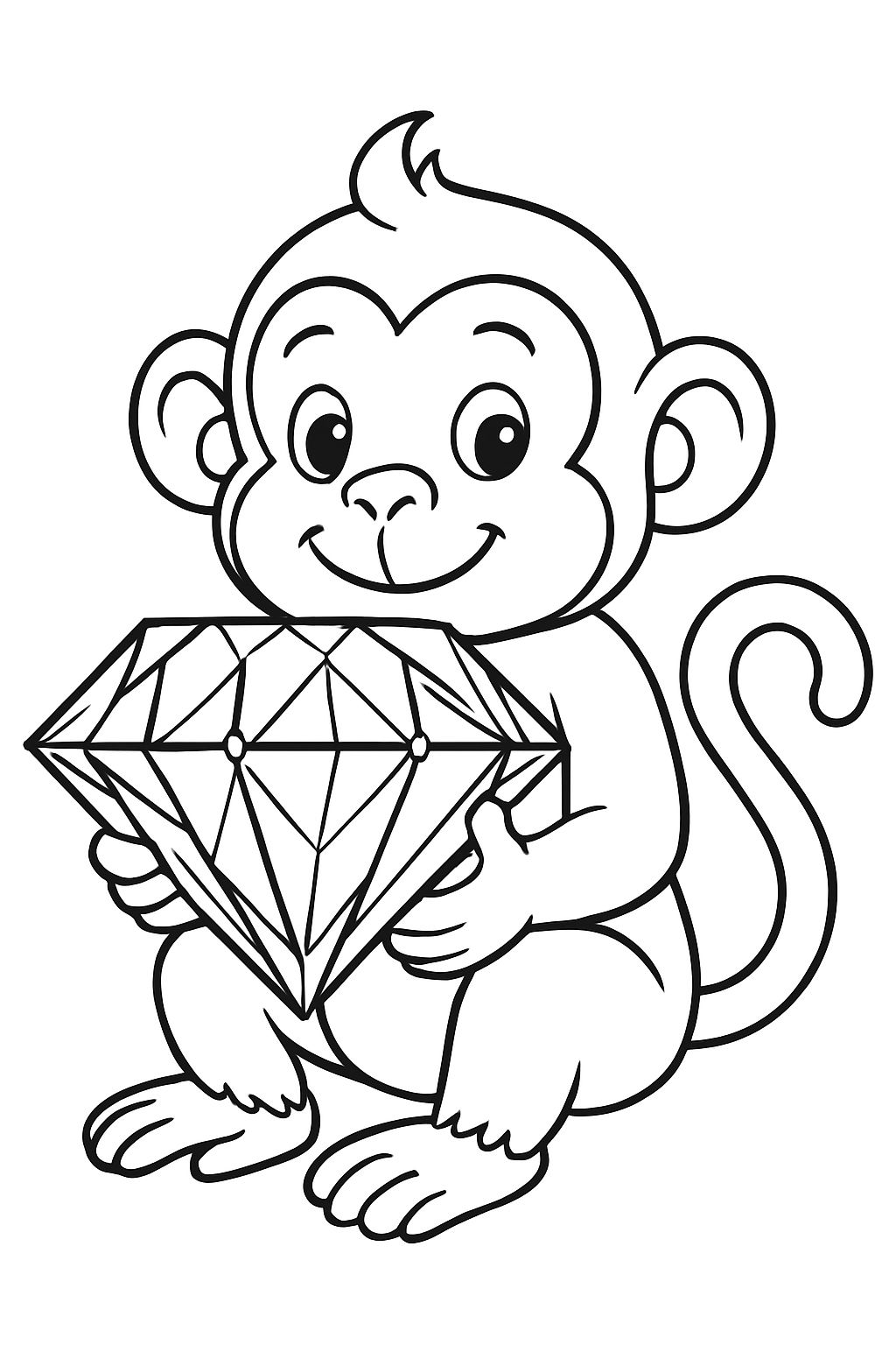 Cheerful Cartoon Monkey Holding a Diamond Line Drawing Coloring Book Pages