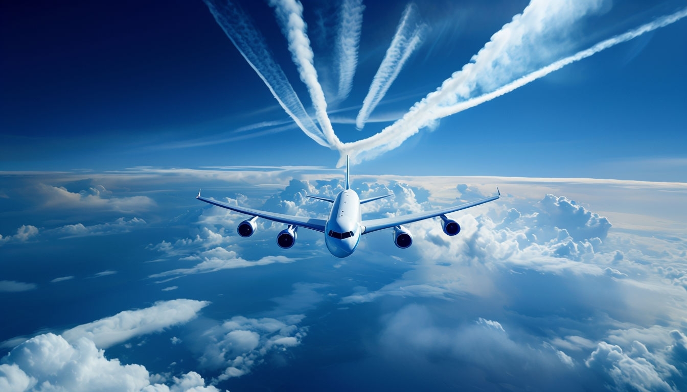 Majestic Aerial View of Airplane with Vapor Trails Background Virtual Backgrounds