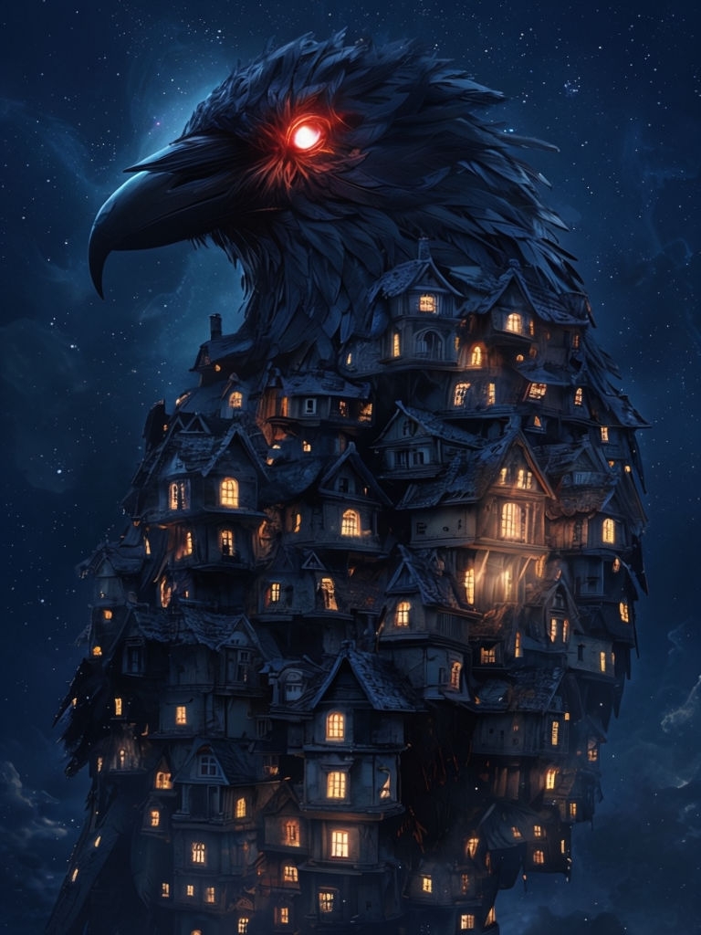 Surreal Colossal Bird Creature Made of Houses Digital Art