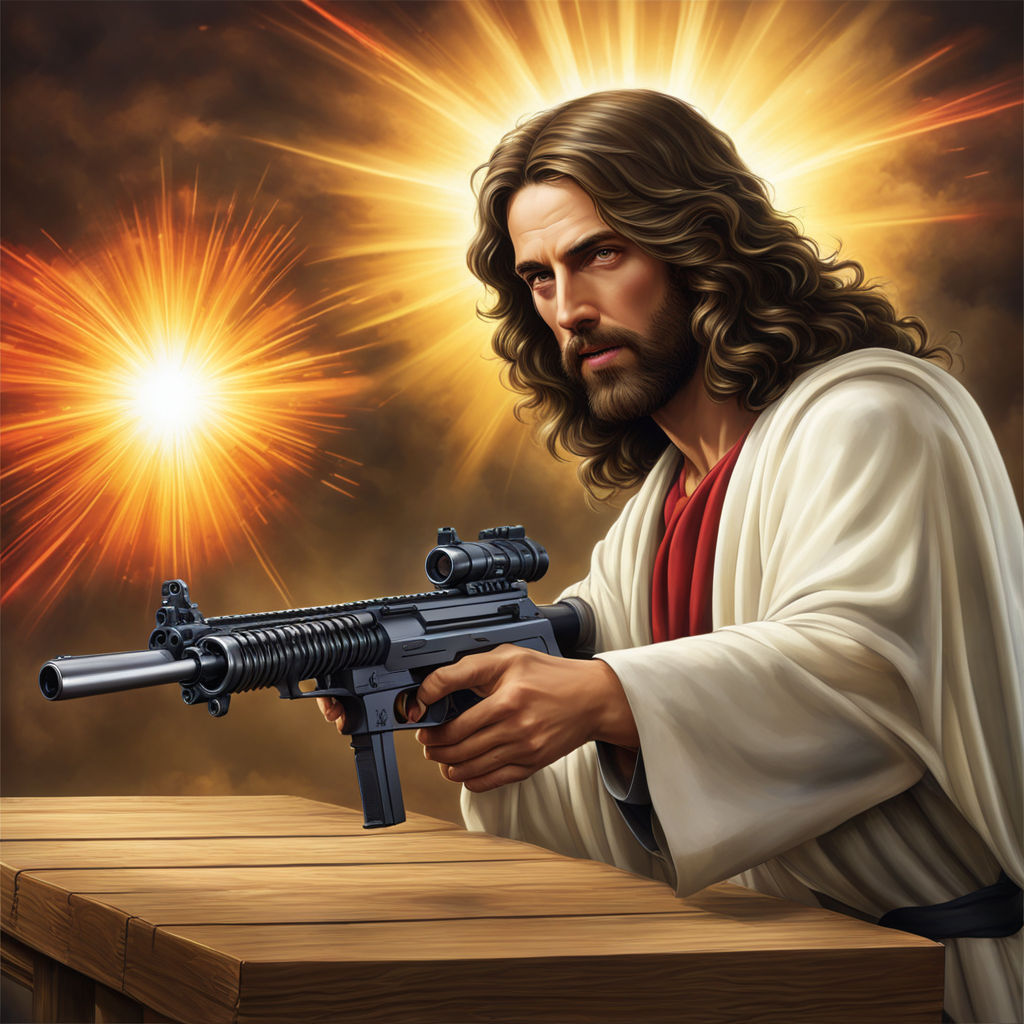 Jesus flipping tables with a machine gun by Boy With A Heron - Playground