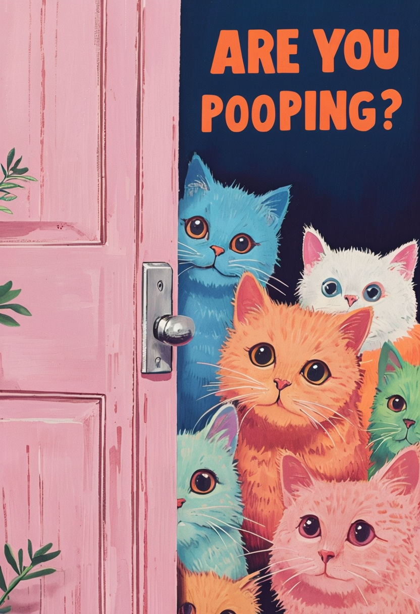 Humorous Colorful Cats Peeking Through Pink Door Illustration Poster