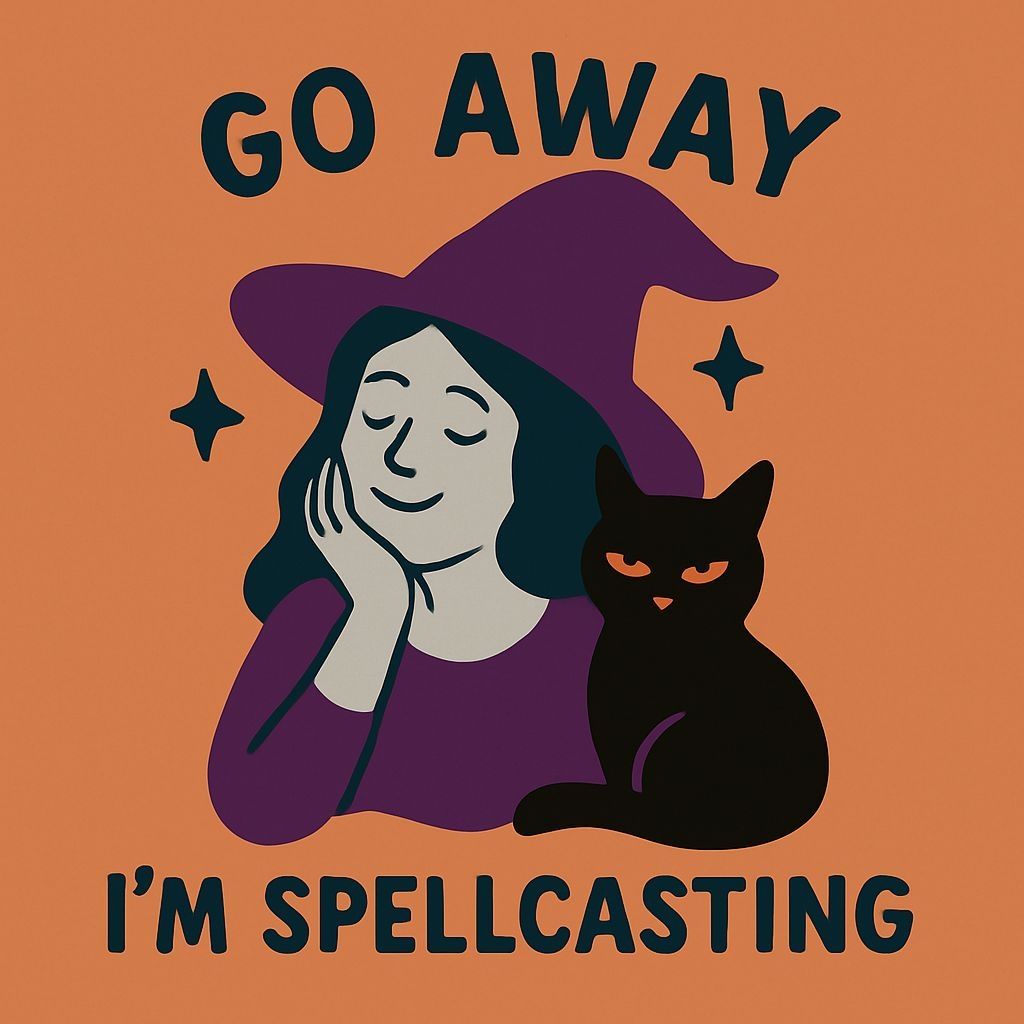Whimsical Cartoon Witch with Cat and Spellcasting Text T-Shirt