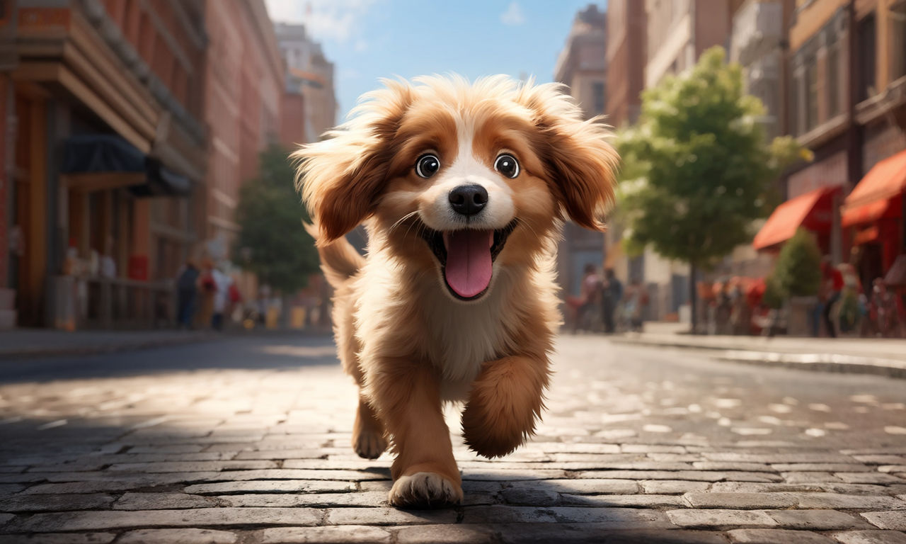 create a pixar style movie poster with a shihtzu dog running towards the  camera with a happy face