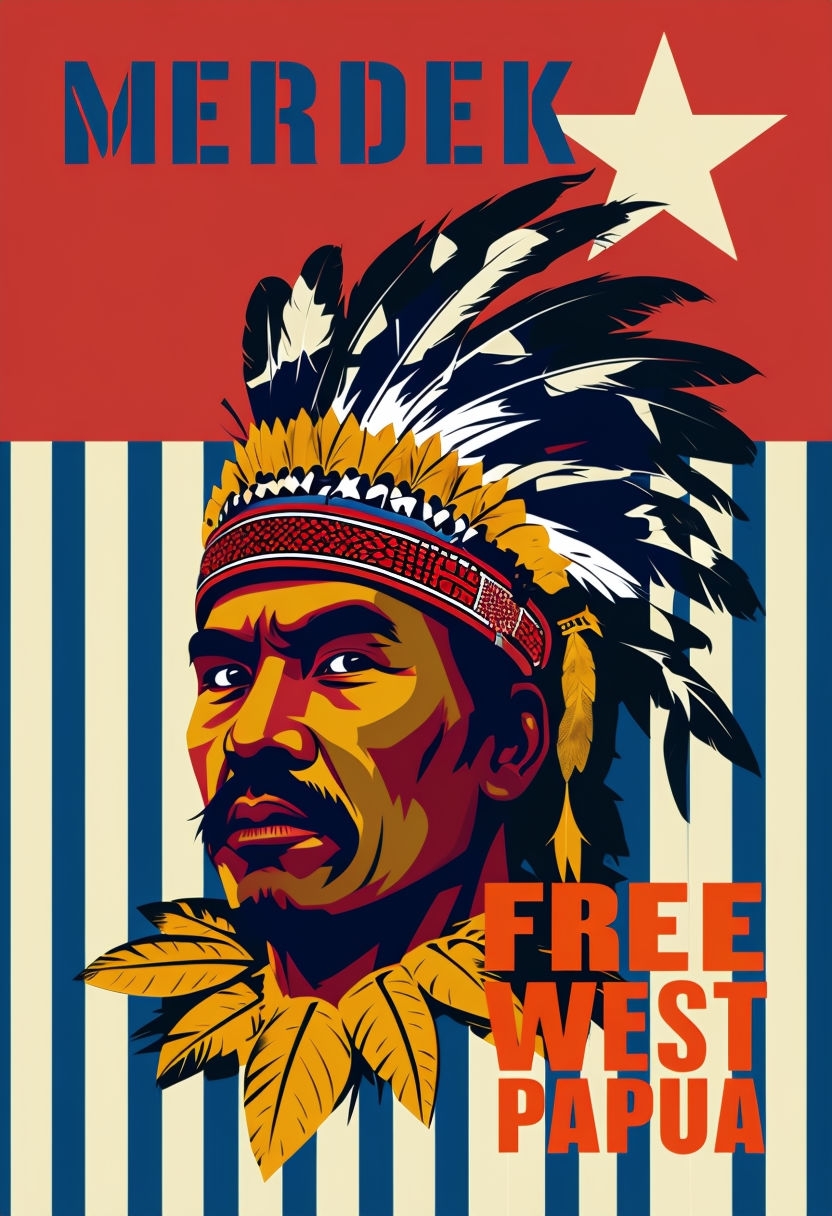 Vibrant Papua New Guinea Man Political Poster with MERDEKA Message