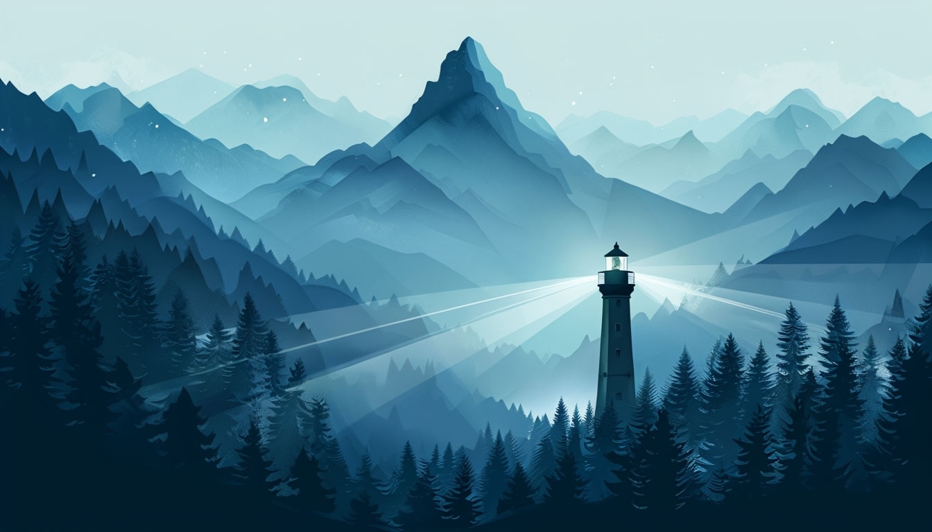 Serene Winter Landscape with Lighthouse and Mountains Background