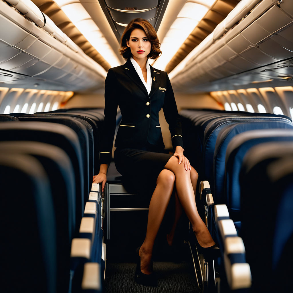 Beautiful stewardesses posing in an airplane aisle