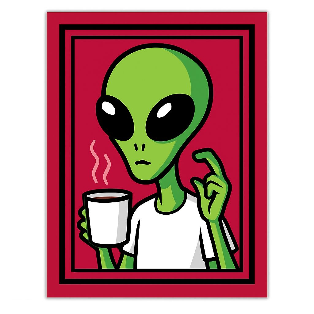 Playful Cartoon Alien Character with Coffee Mug Sticker