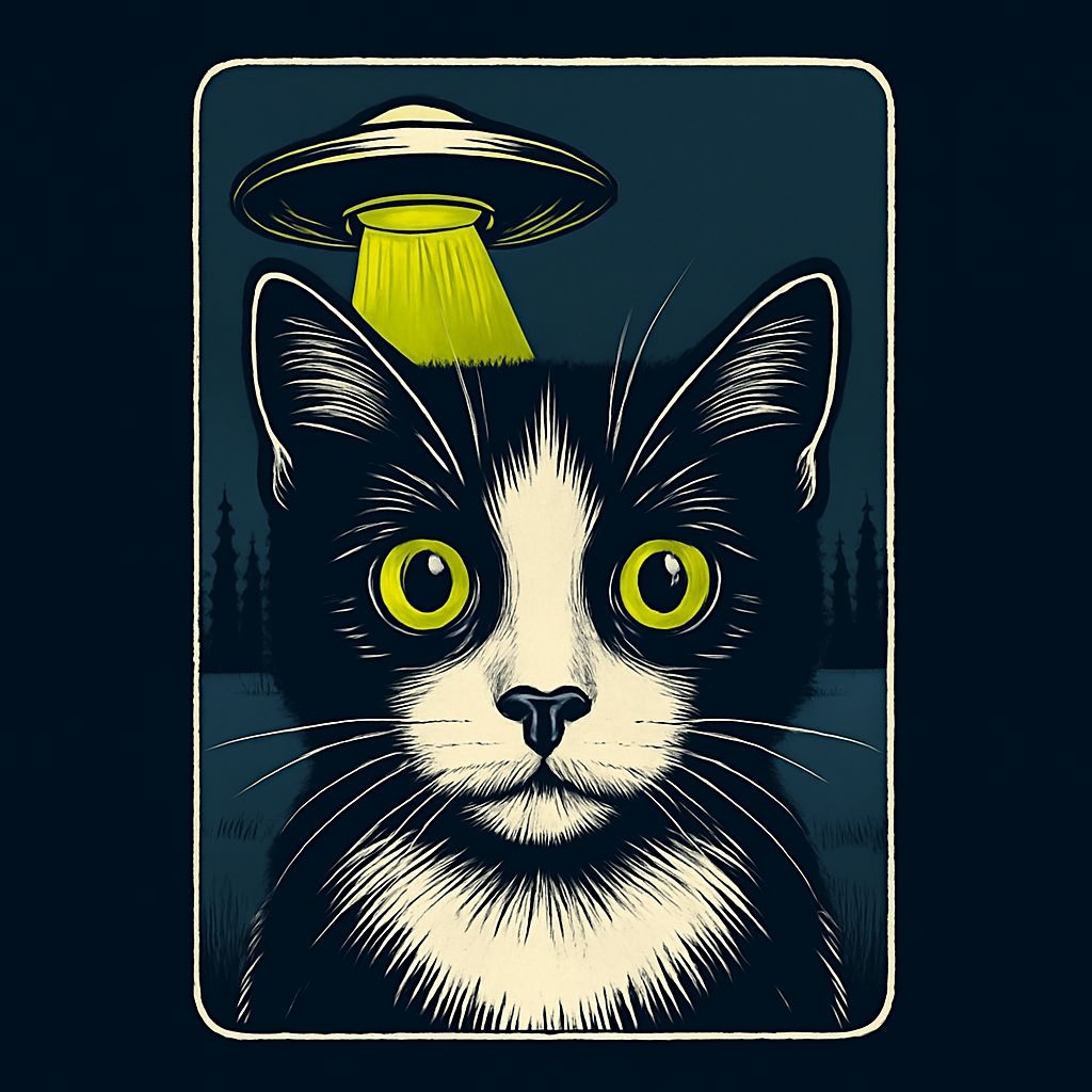 Surreal Black-and-White Cat with Alien Theme T-Shirt