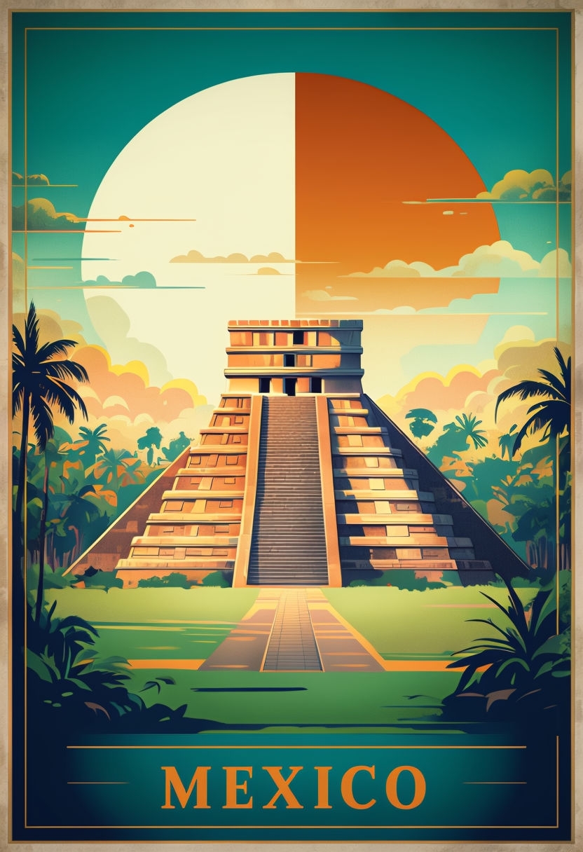 Vintage Mayan Pyramid Travel Poster Featuring Mexican Culture