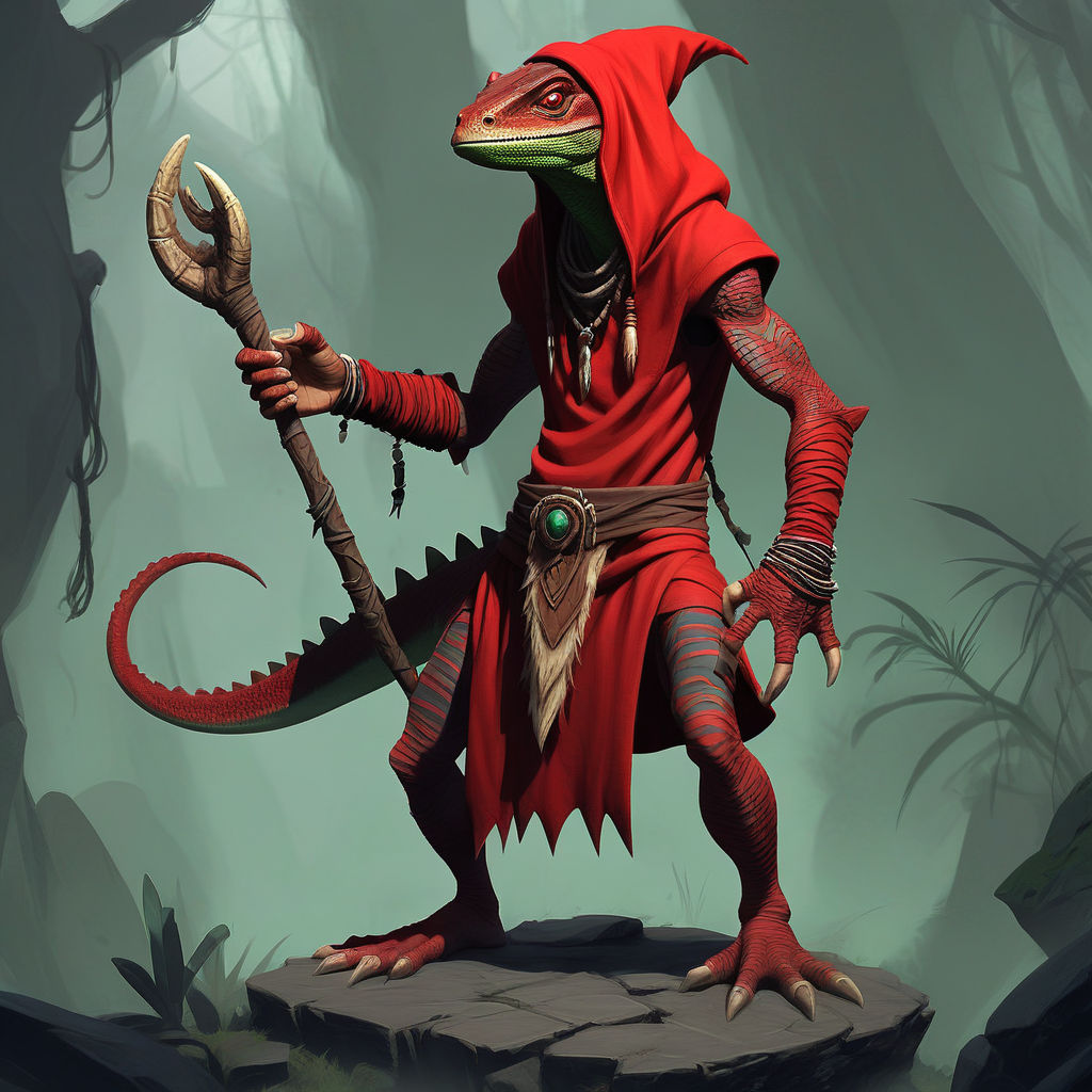 A skinny lizardman shaman in a red hooded tunic by Nicolás - Playground