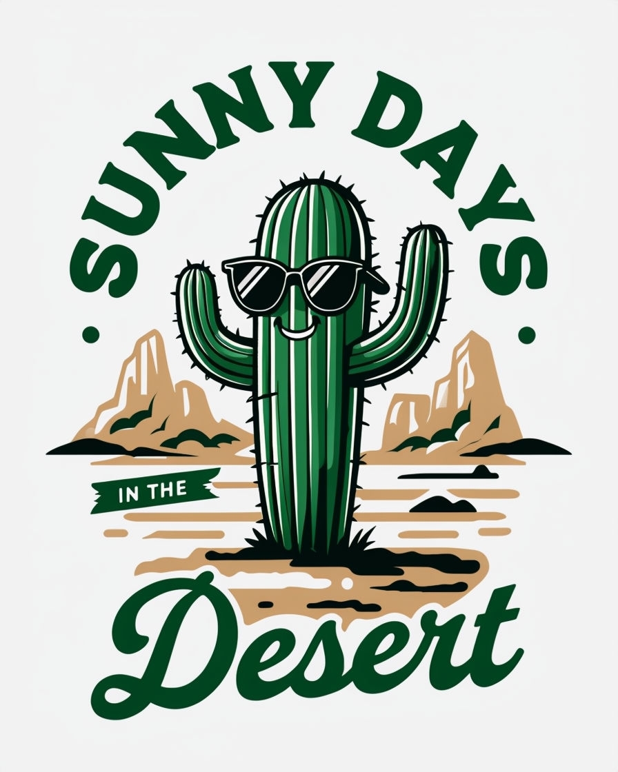 Cheerful Green Cactus Character with Sunny Days Text T-Shirt