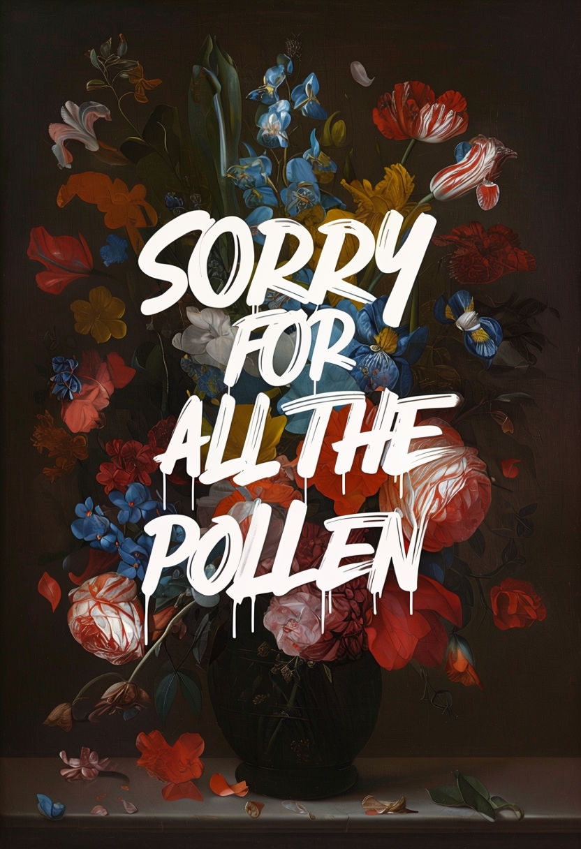 Floral Still Life with Graffiti Text 'Sorry for All the Pollen' Social Media Post