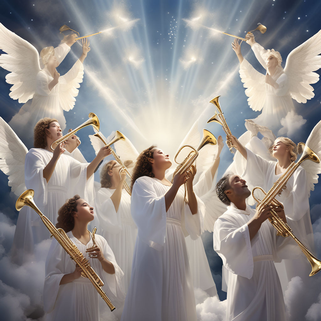 A choir of angels praising god with trumpets playing by ...