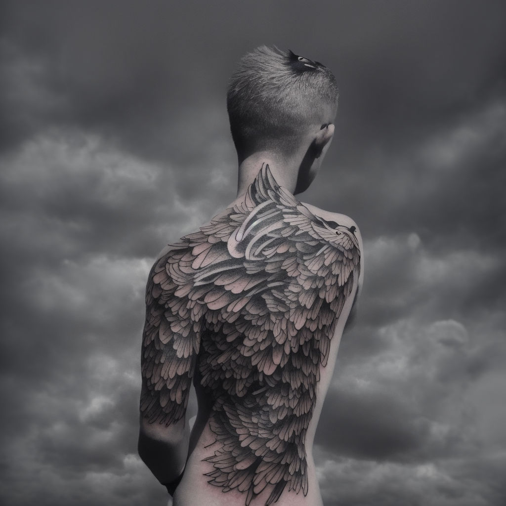 linework goth back tattoo with sharp burned wings made of bone and spine