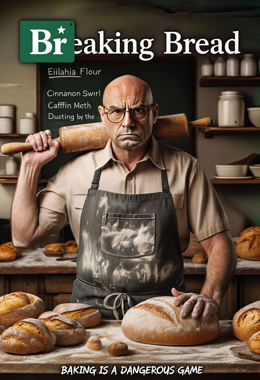 Humorous Breaking Bread Bakery Poster Featuring Serious Baker