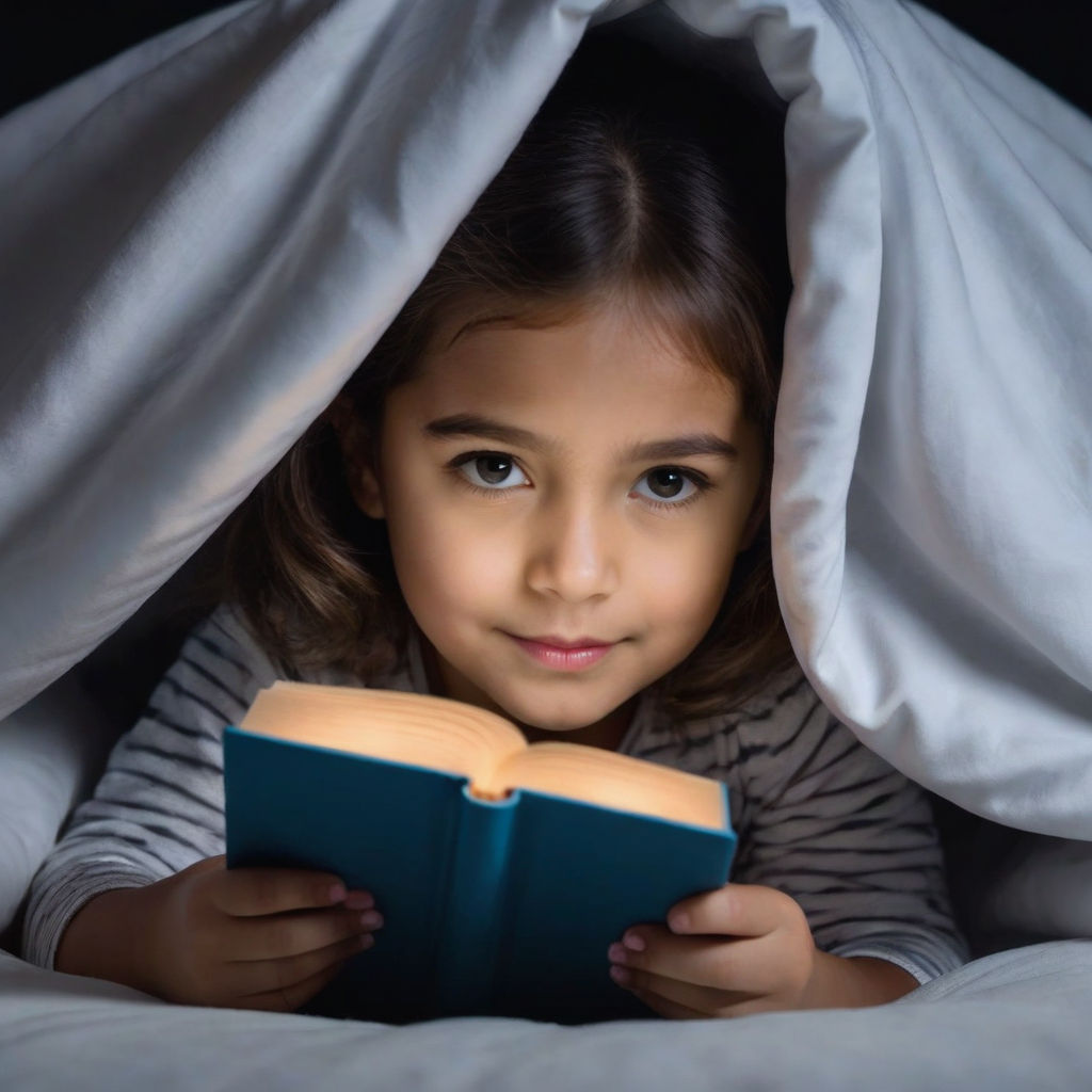 A little girl hiding under the covers at night and reading a... by