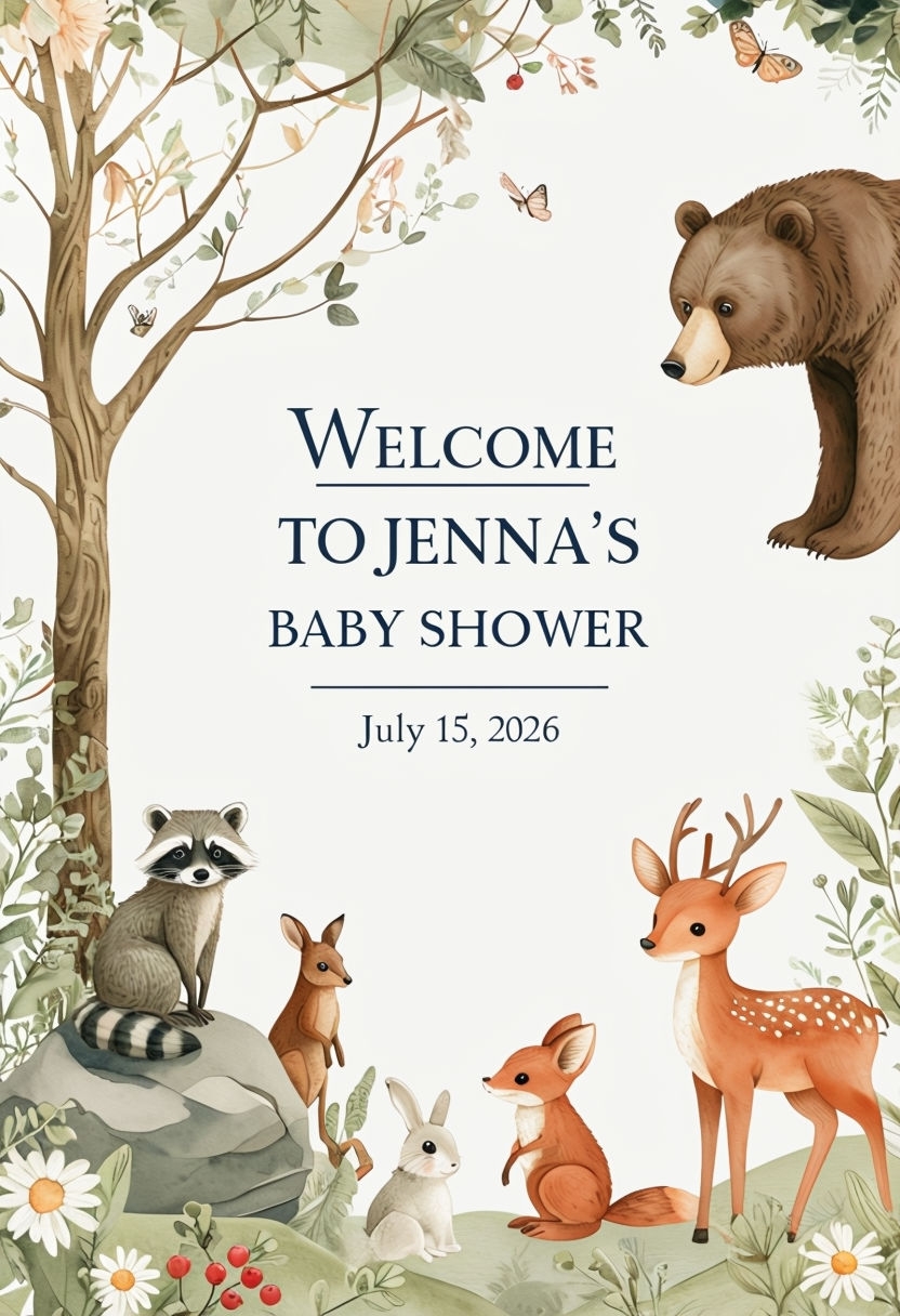 Whimsical Woodland Baby Shower Invitation Card Design Event Sign