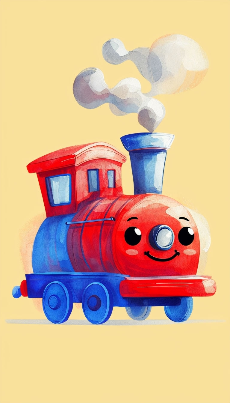 Whimsical Cute Train Engine Illustration on Soft Yellow Background Art