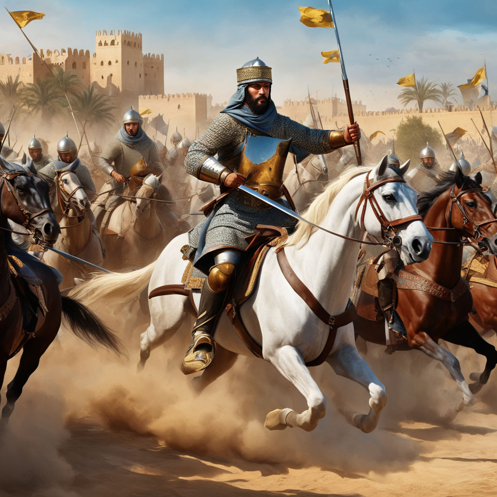 Musa ibn Nusair leading the charge of horsemounted warriors... by