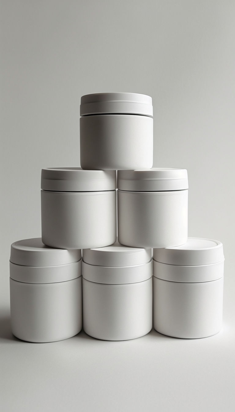 Minimalist White Cylindrical Containers Pyramidal Arrangement Mockup