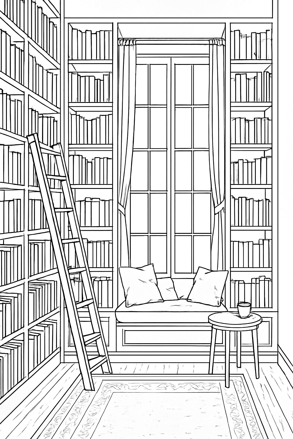 Cozy Reading Nook Line Drawing for Relaxation and Colorful Exploration Coloring Book Pages