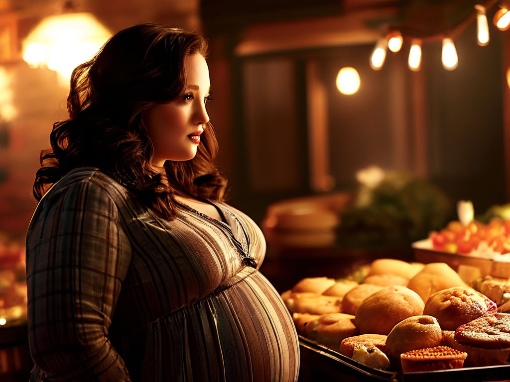 Morbidly obese Kat Dennings with a huge round bloated belly