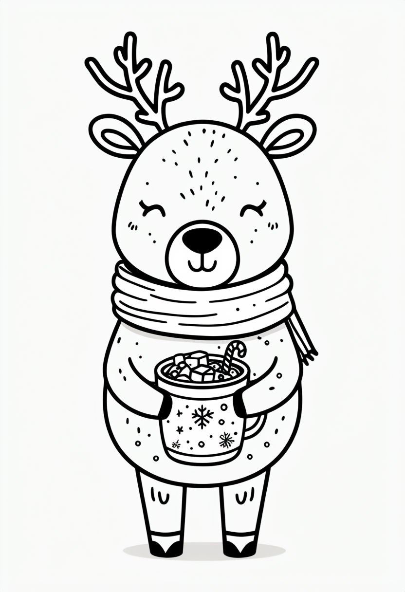 Cute Cartoon Reindeer with Hot Chocolate Mug Coloring Page