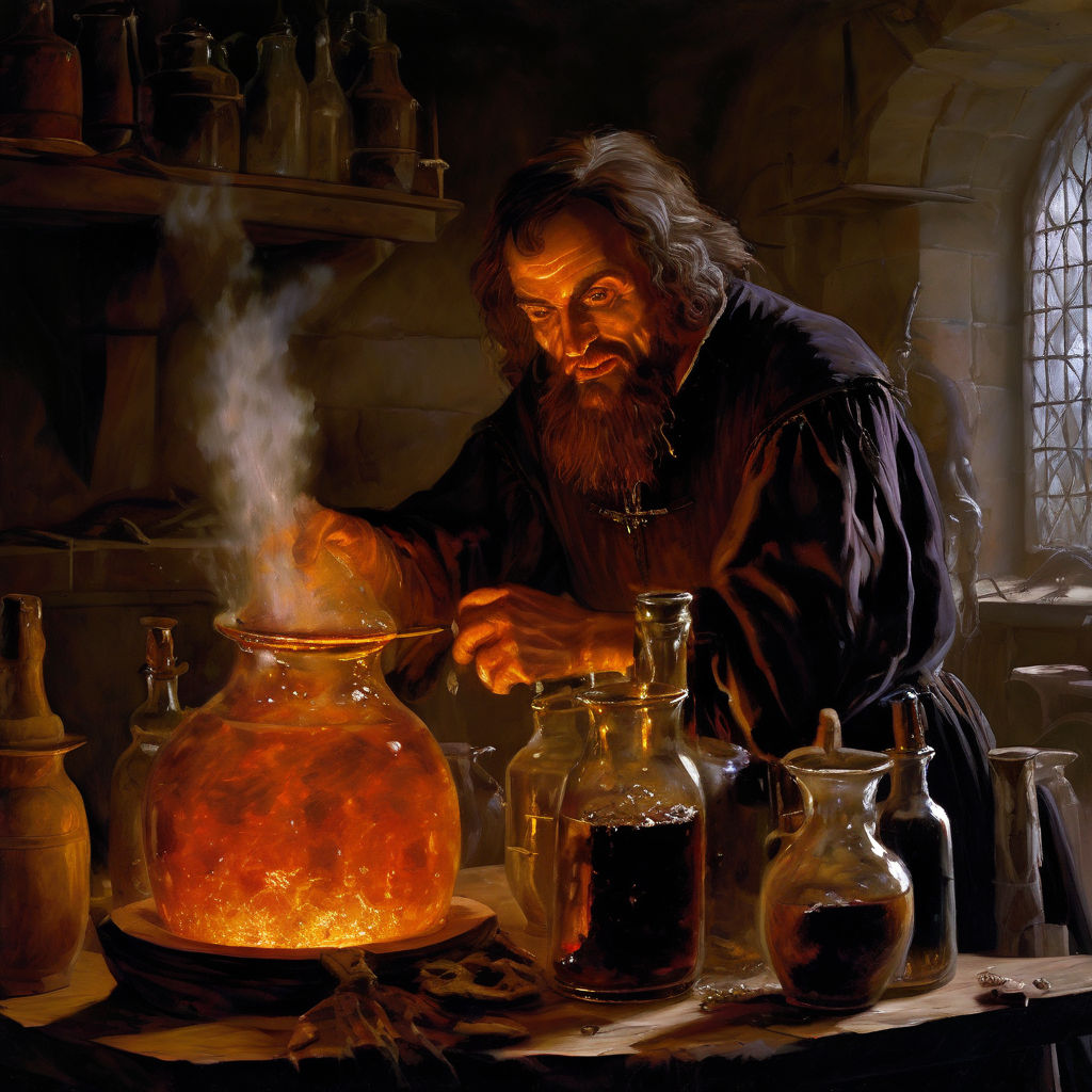 An alchemist brewing explosive potions and poisons by Erlendor - Playground