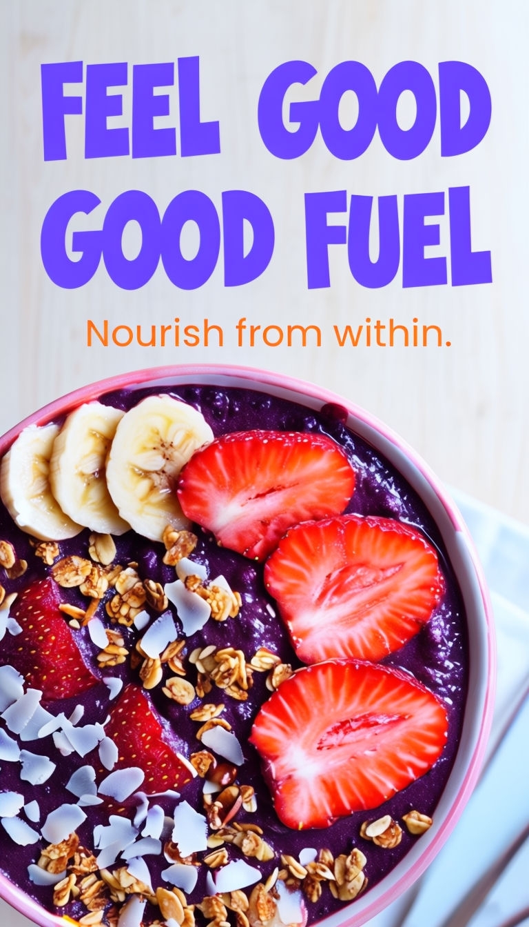 Vibrant Acai Bowl with Playful Feel Good Fuel Text Ads