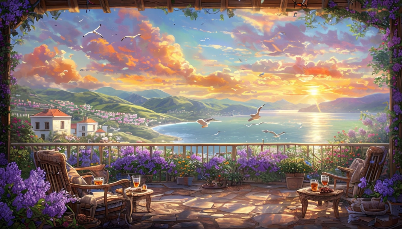 Picturesque Sunset Terrace Scene with Lush Greenery Background