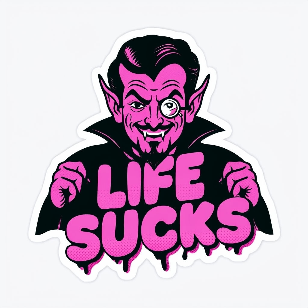 Vintage Comic Style Vampire Character with "Life Sucks" Sticker