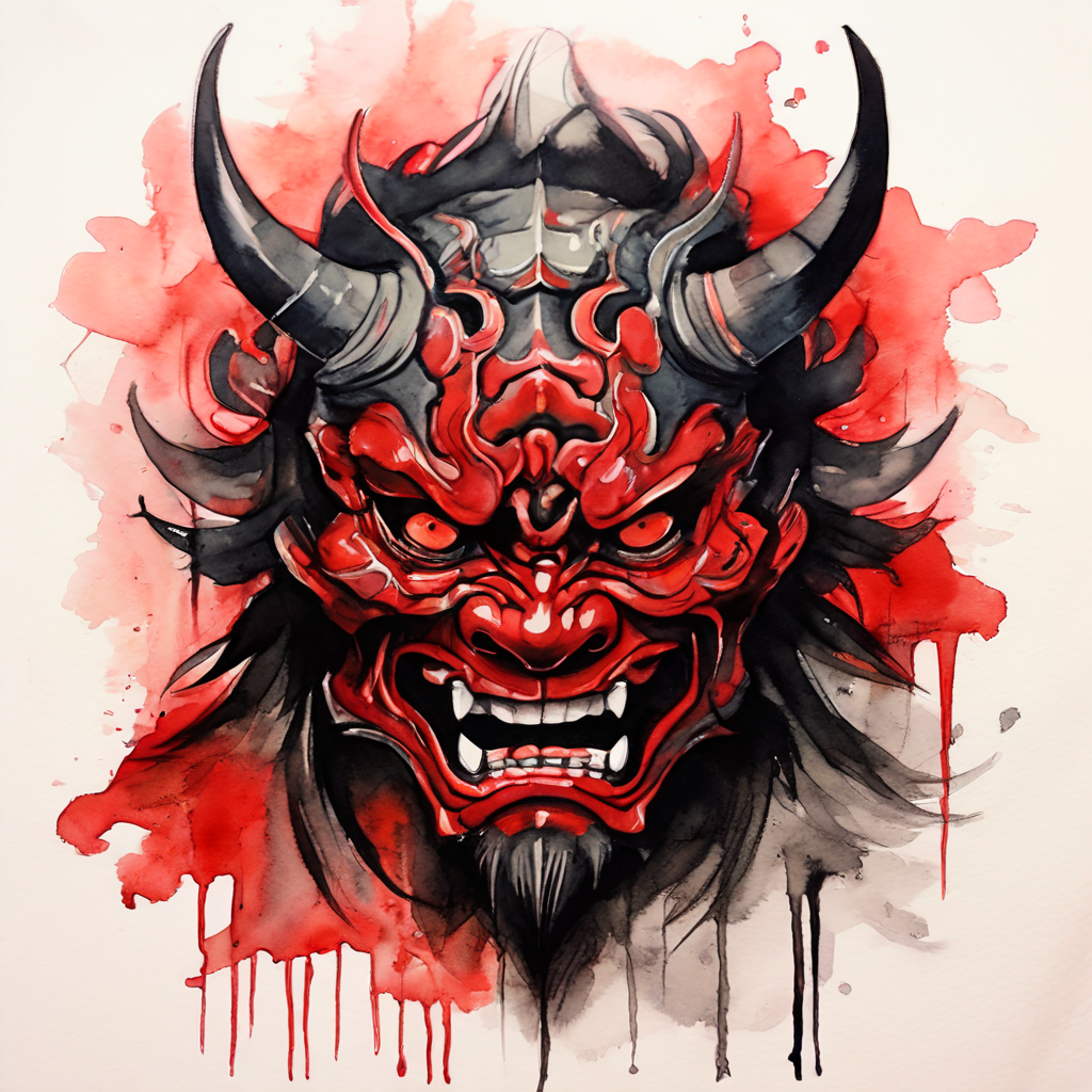 Black and red samurai oni mask ghibli style watercolor by romain diaz ...