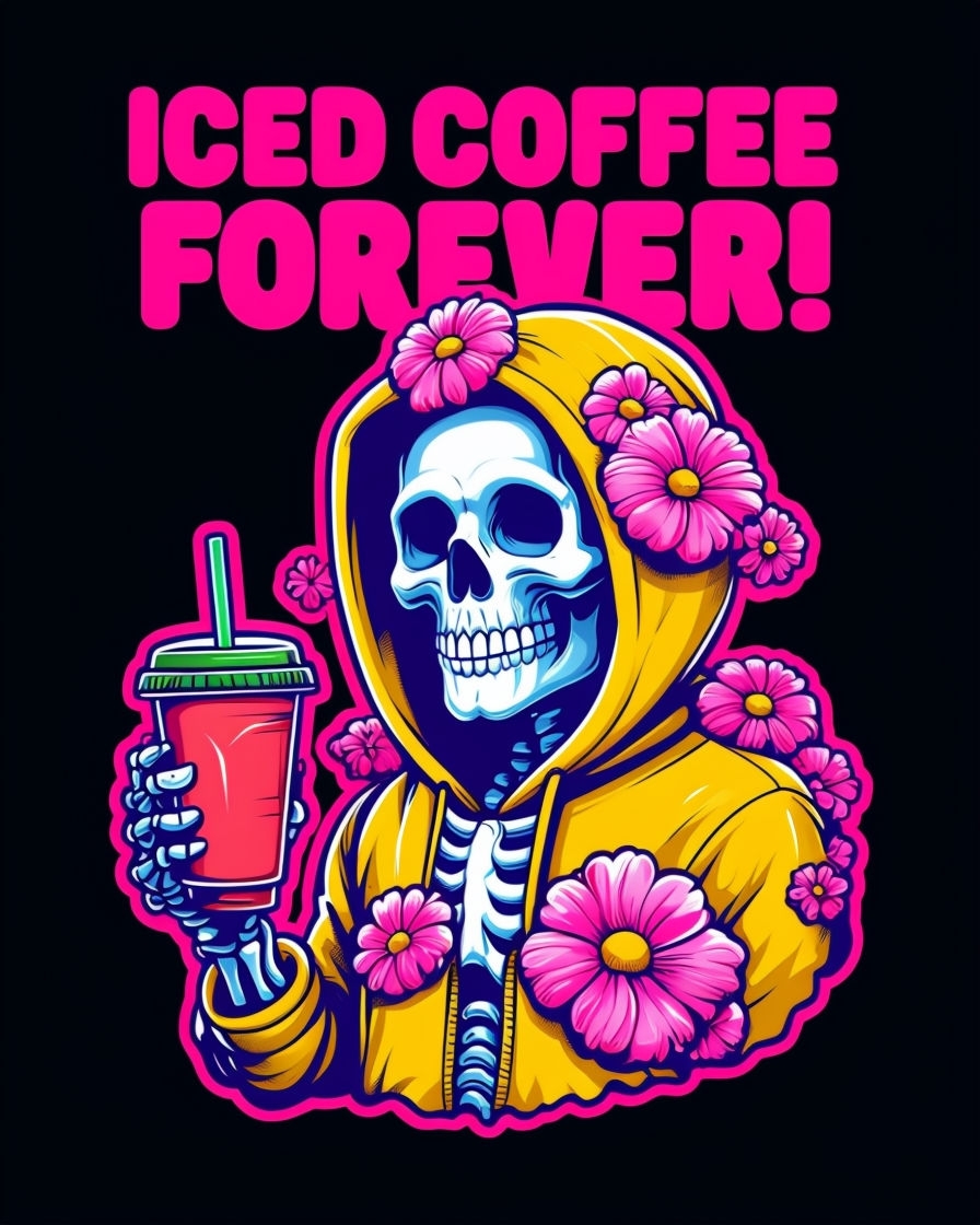 Whimsical Skeleton with Iced Coffee and Floral Hoodie Poster