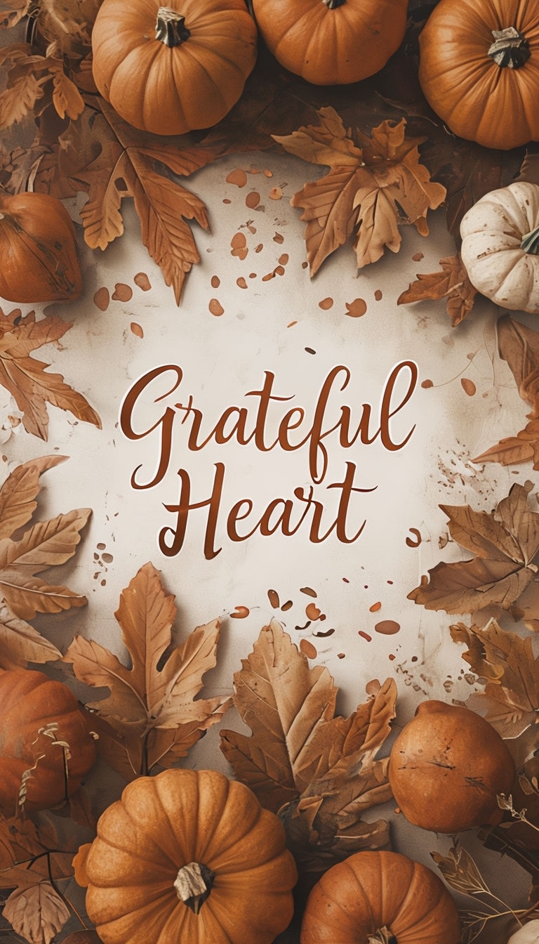 Warm Rustic Thanksgiving Grateful Heart Art with Pumpkins and Leaves