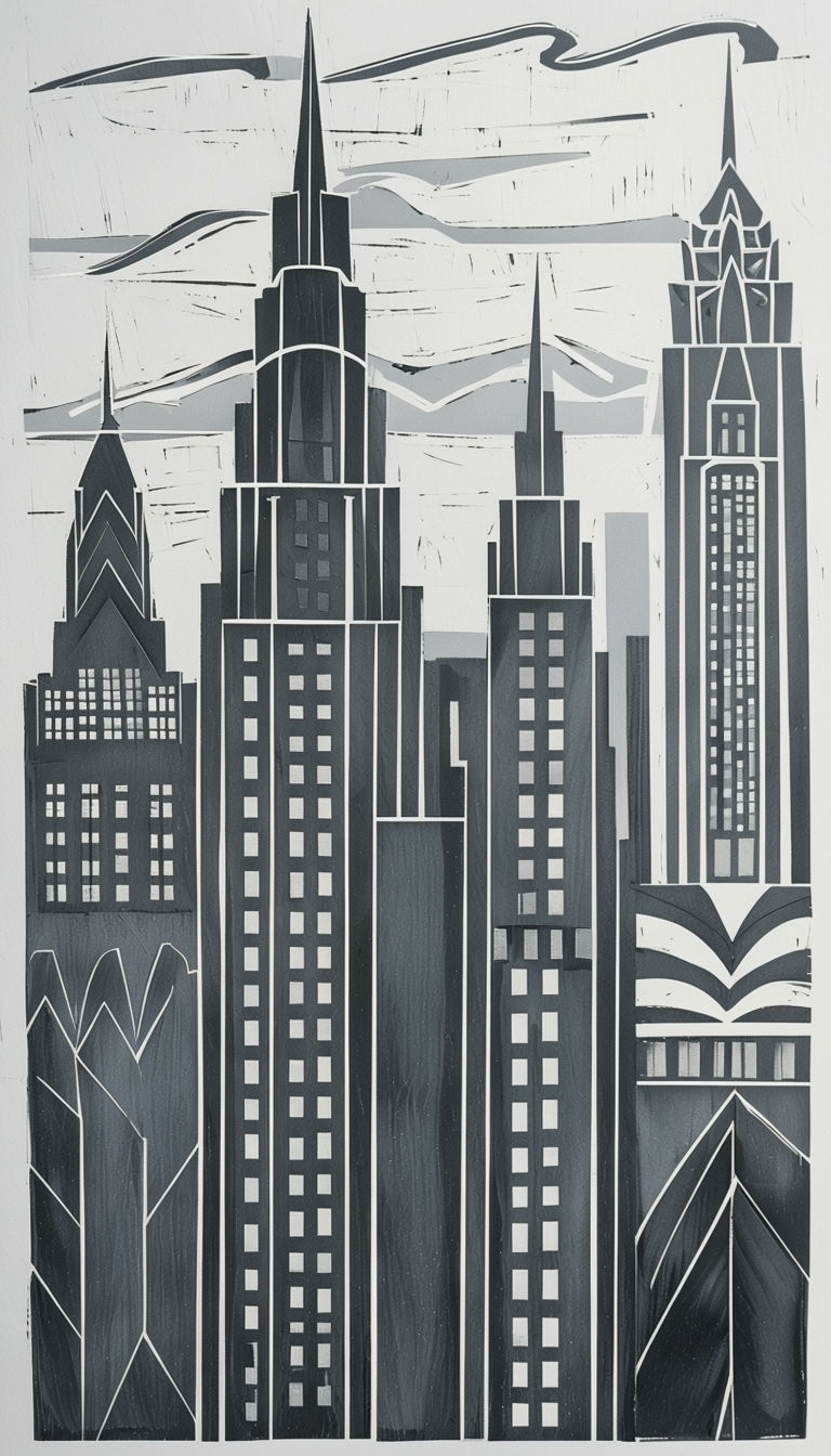 Stylized Art Deco Cityscape Linocut Design Mobile Wallpaper