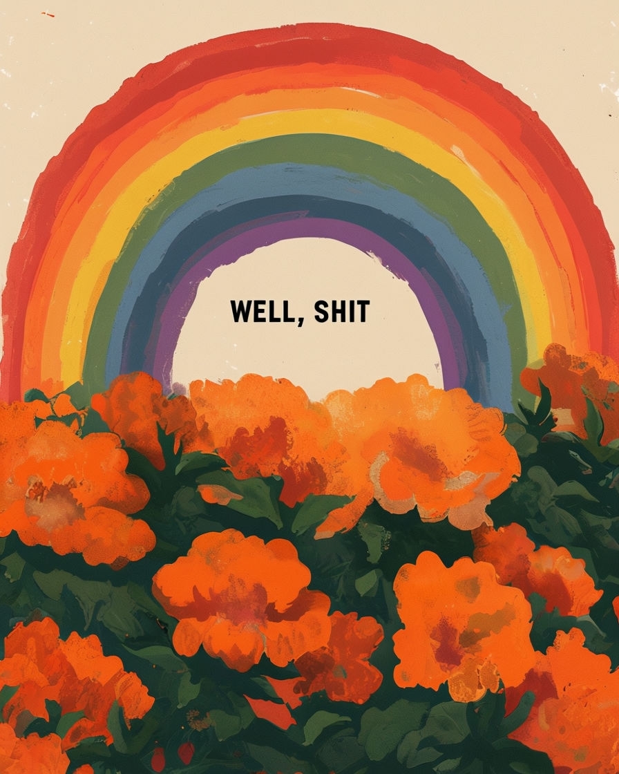 Vibrant Retro Rainbow with Orange Flowers and Sarcastic Text Poster
