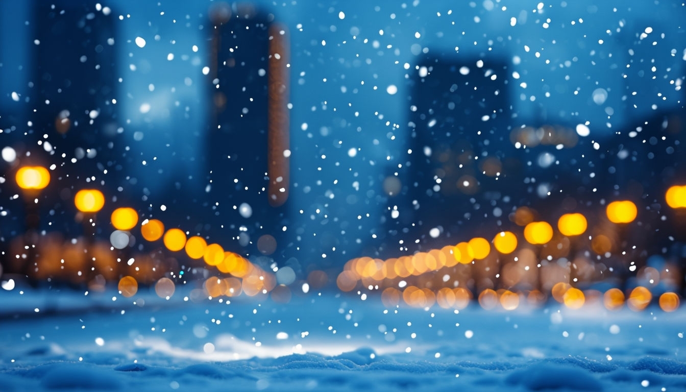 Serene Winter Night Urban Scene with Glowing Streetlights Background