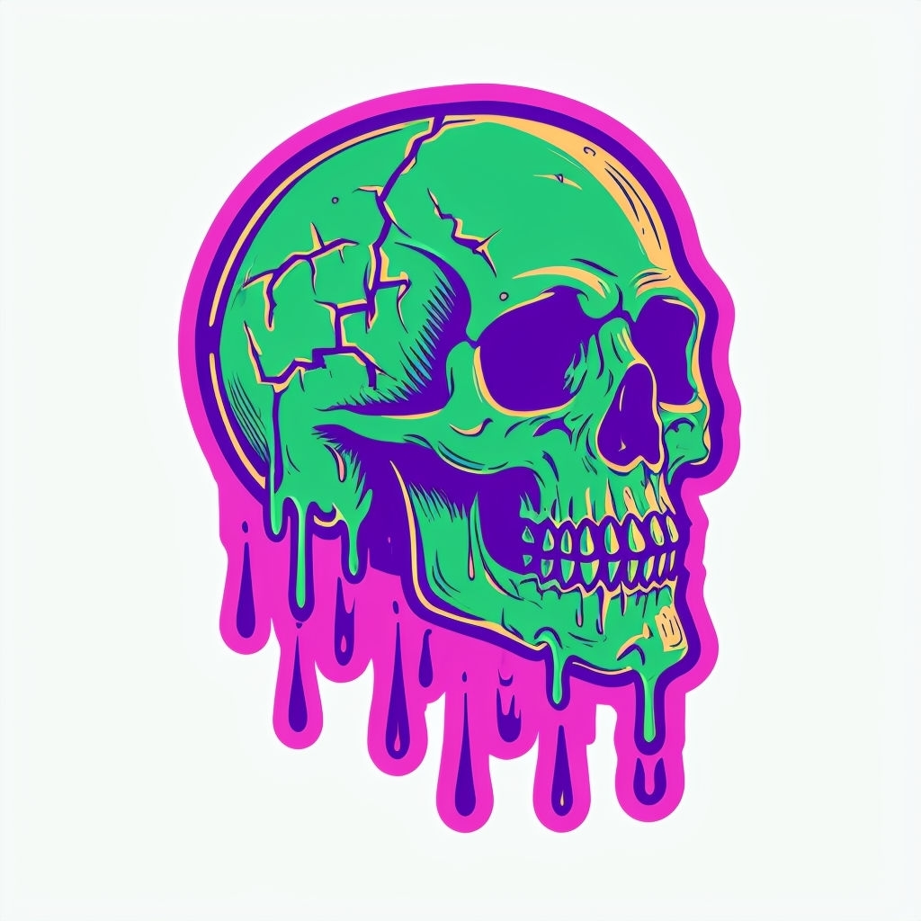 Vibrant Melting Skull Cartoon Illustration Sticker