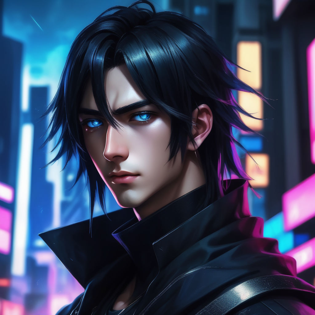 black haired blue eyes cyberpunk anime cyborg boy