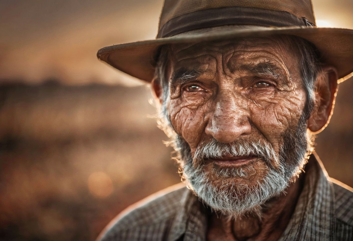 Reflective Elderly Man Portrait in Warm Golden Hour Lighting Art