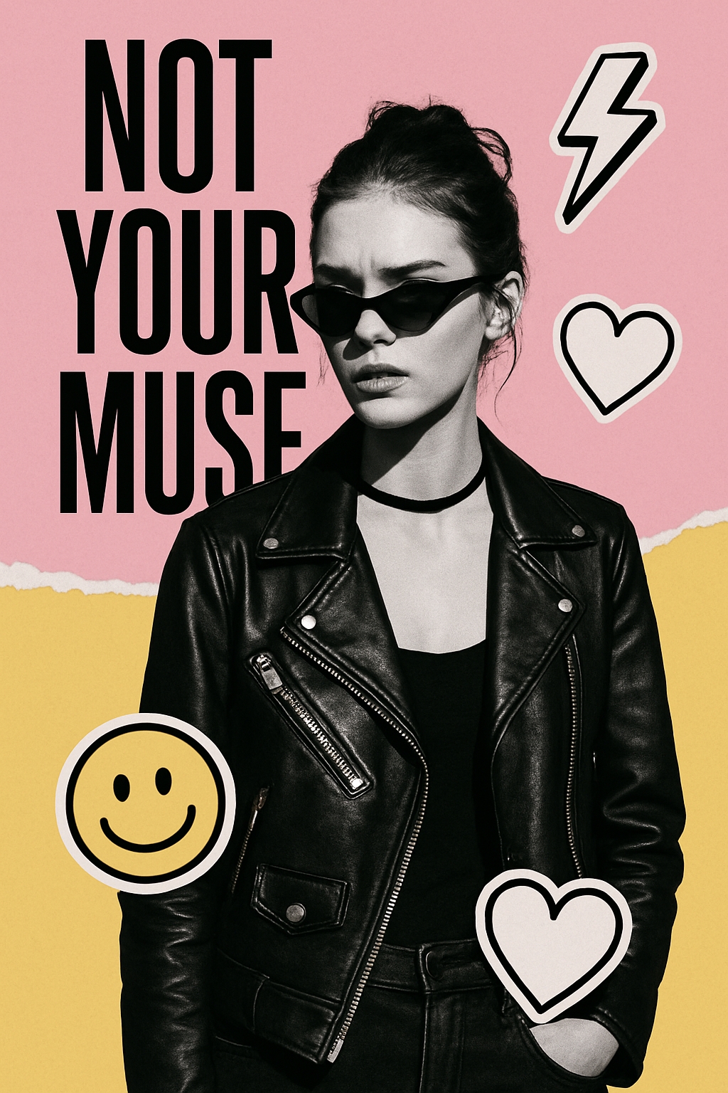 Edgy Black and White Portrait with Colorful Collage Elements Poster