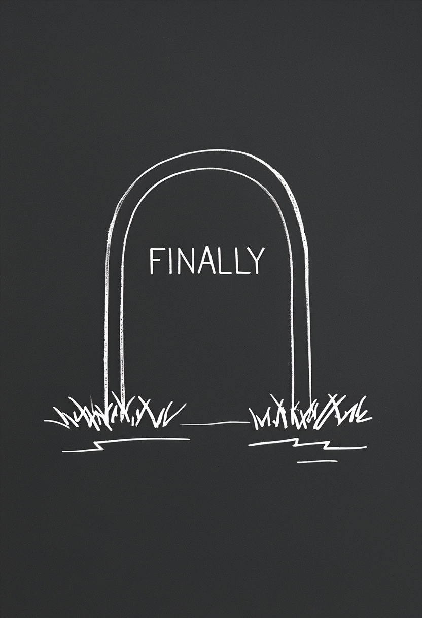 Minimalist White Tombstone Sketch with Finally Text T-Shirt