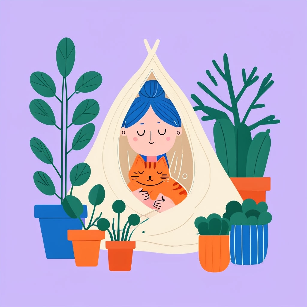 Cozy Cartoon Person with Cat and Potted Plants Sticker